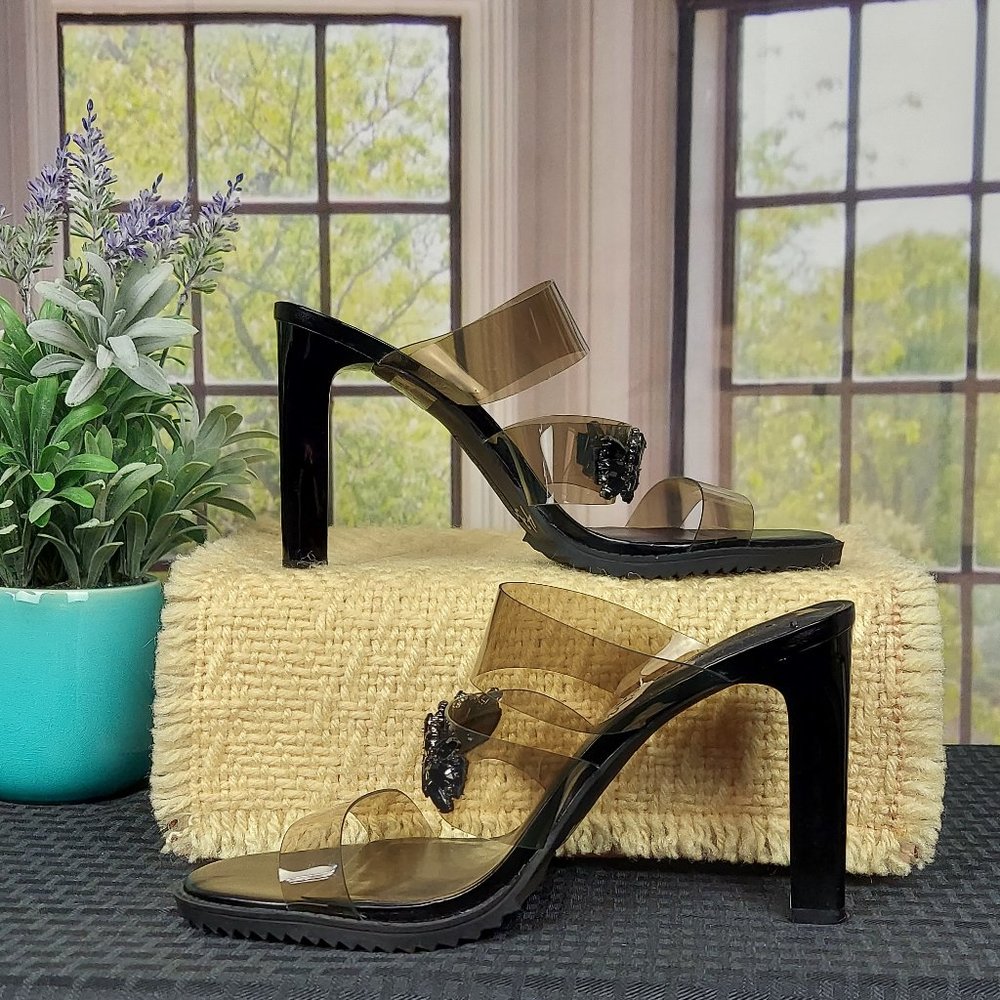 KARL LAGERFELD PARIS BRENTLY 3 BAND HIGH HEEL SLIDE SANDALS (9.5) - Picture 4 of 15